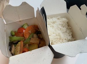 Rtg vegetable stir fry with added tofu and steamed rice   at Red Torch Ginger in Dublin