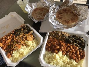 2, 3-choice plates at the Navy Exchange Food Court. Both have vegan channa masala, saag tofu, and vegan roti (!). The left has vegan mixed veg korma and the right has saag aloo.  at India Cafe Curry Express NEX - Kiosk in Honolulu