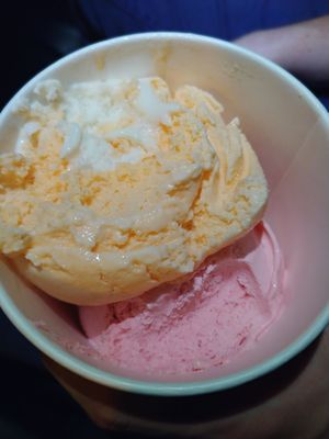 $7.50 for two scoops vegan ice cream: strawberry on bottom, orange and vanilla on top at Happiness Cafe in San Jose