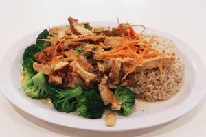 Tofu strip with brown rice at Happiness Cafe in San Jose