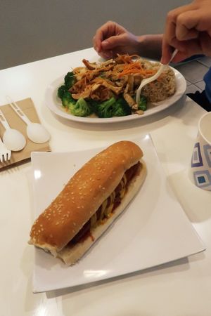 Tofu strip with brown rice and a hotdog at Happiness Cafe in San Jose