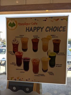 Some of the beverage options at Happiness Cafe in San Jose