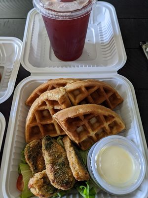 Chicken/nugget with waffle and hibiscus tea with no add in at Happiness Cafe in San Jose