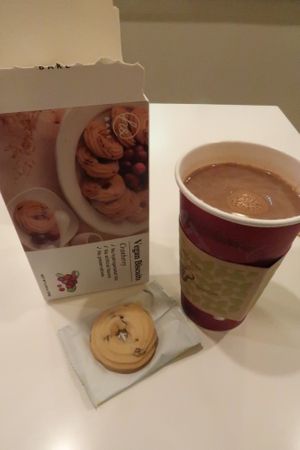 Vegan cookies to take home and hot chocolate at Happiness Cafe in San Jose