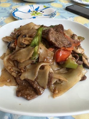 Drunken Noodles with soy beef  at Vegan Plate in Chicago