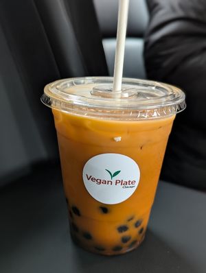 Thai iced tea with tapioca pearl at Vegan Plate in Chicago