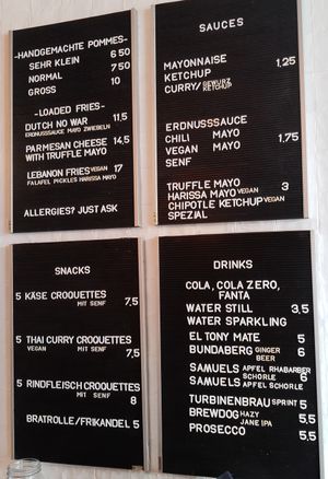 Menu at Fries Brothers in Zurich
