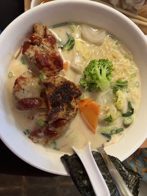 Ramen with coconut curry broth and seitan.  at Yum Yum Noodle Bar in Woodstock