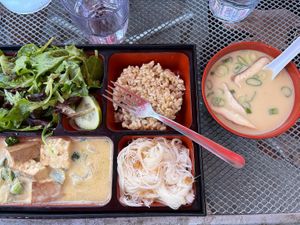 Bento box from the Kingston location. It tasted good, but I had specifically asked for a dish with lots of vegetables and the main vegetable here was lettuce. at Yum Yum Noodle Bar in Woodstock