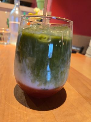 Strawberry Matcha Late made vegan by subbing coconut milk at Yum Yum Noodle Bar in Woodstock