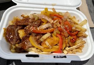 Fries topped with Korean bbq “steak" stir fry  at Kate's Food Truck in Jericho
