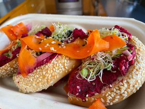 Rainbow bagel with beet hummus at The Wylde Beet in Hailey