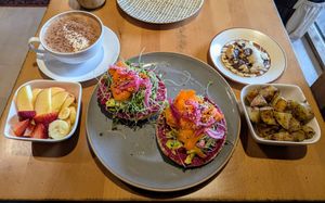 Fruit Salad, Hot Cocoa, Rainbow Bagel, Seasoned Potatoes, Chocolate Chip Cookie at The Wylde Beet in Hailey