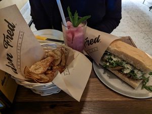 Chips, lemon blueberry granita, and rocket and beyond focaccia at don Fred in Newtown