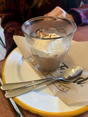 CHOCOLATE MOUSSE W' VANILLA CREAM & BISCOTTI CRUMBS (GF)  at don Fred in Newtown