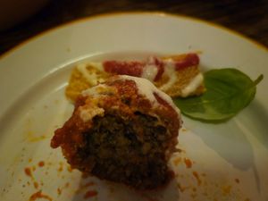 olive meatballs on polenta chips: very good meatballs, olive taste but not overwhelmingly so, great texture (added rice?), very crispy polenta w/bol sauce at don Fred in Newtown