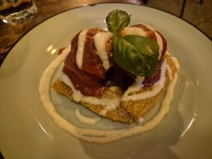 olive meatballs on polenta chips: very good meatballs, olive taste but not overwhelmingly so, great texture (added rice?), very crispy polenta w/bol sauce at don Fred in Newtown