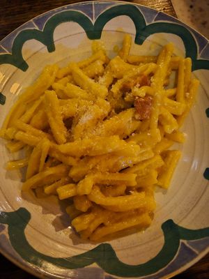 Caserrece carbonara: delicious, esp loved the bacon cubes made of tofu..? Very tasty, succulent texture at don Fred in Newtown