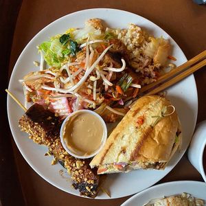 Tofu bibimbap, seitan satay skewer, and seitan bahn mi    at Yum Yum Noodle Bar in Kingston