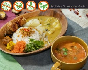 Have some yummy vegan Tom yum with your Tiger plate. Shown is our homemade vegan creamy tom yum (Tom yum nam khon) in a set! at Vegetiger オヤサイキッチン  TORAYA VEGETIGER SECOND-ROOM in Nagoya