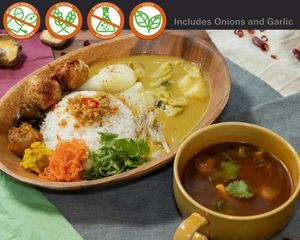 Have some yummy vegan Tom yum with your Tiger plate. Shown is our homemade vegan light Tom yum (Tom Yum sai) in a set! at Vegetiger オヤサイキッチン  TORAYA VEGETIGER SECOND-ROOM in Nagoya