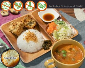 Thai Tofu Fried Chicken with rice and vegan creamy tom yum (Tom yum nam khon) in a set! at Vegetiger オヤサイキッチン  TORAYA VEGETIGER SECOND-ROOM in Nagoya