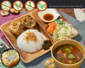 Thai Tofu Fried Chicken with rice and vegan light Tom yum (Tom Yum sai) in a set! at Vegetiger オヤサイキッチン  TORAYA VEGETIGER SECOND-ROOM in Nagoya