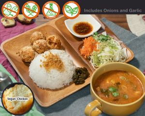 Vegan Tofu Meatballs with rice and vegan creamy tom yum (Tom yum nam khon) in a set! at Vegetiger オヤサイキッチン  TORAYA VEGETIGER SECOND-ROOM in Nagoya