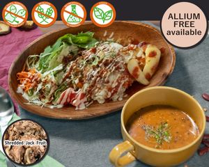 BBQ Shredded-Meat rice soup set. The soup shown in the picture is our own Mexican Organic Lentil Soup. at Vegetiger オヤサイキッチン  TORAYA VEGETIGER SECOND-ROOM in Nagoya
