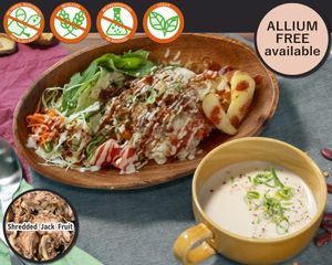 BBQ Shredded-Meat rice soup set. The soup shown in the picture is our own Mushroom Organic Soy Milk Potage. at Vegetiger オヤサイキッチン  TORAYA VEGETIGER SECOND-ROOM in Nagoya