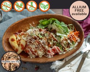 BBQ Shredded-Meat rice with our own homemade BBQ sauce for that well-known flavour you will love. All homemade. Choose between Jasmin rice or vegan homemade butter Japanese rice. at Vegetiger オヤサイキッチン  TORAYA VEGETIGER SECOND-ROOM in Nagoya