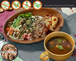 Teriyaki Shredded-Meat rice soup set. The soup shown in the picture is our own vegan light Tom yum (Tom Yum sai).  at Vegetiger オヤサイキッチン  TORAYA VEGETIGER SECOND-ROOM in Nagoya