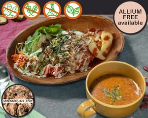 Teriyaki Shredded-Meat rice soup set. The soup shown in the picture is our own Mexican Organic Lentil Soup. at Vegetiger オヤサイキッチン  TORAYA VEGETIGER SECOND-ROOM in Nagoya