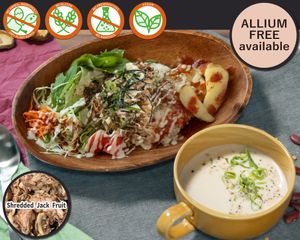 Teriyaki Shredded-Meat rice soup set. The soup shown in the picture is our own Mushroom Organic Soy Milk Potage. at Vegetiger オヤサイキッチン  TORAYA VEGETIGER SECOND-ROOM in Nagoya