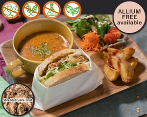 Kebab Sandwich using our homemade kebab dressing for extra kick and packed into a set of homebaked rice bread slices with fresh salad. Soup: Mexican Organic Lentil Soup at Vegetiger オヤサイキッチン  TORAYA VEGETIGER SECOND-ROOM in Nagoya