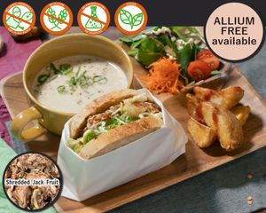 Kebab Sandwich using our homemade kebab dressing for extra kick and packed into a set of homebaked rice bread slices with fresh salad. Soup: Mushroom Organic Soy Milk Potage at Vegetiger オヤサイキッチン  TORAYA VEGETIGER SECOND-ROOM in Nagoya