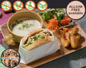 Teriyaki Shredded-Meat Sandwich with our homemade Teriyaki sauce for added Japanese Wafu touch. Packed into homebaked rice bread slices + fresh salad. Mushroom Organic Soy Potage at Vegetiger オヤサイキッチン  TORAYA VEGETIGER SECOND-ROOM in Nagoya