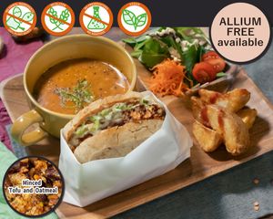 Mexican Chilli Beans Sandwich with own homemade sauces to give you a mexican touch.Packed into homebaked rice bread slices + fresh salad. Mexican Organic Lentil Soup at Vegetiger オヤサイキッチン  TORAYA VEGETIGER SECOND-ROOM in Nagoya