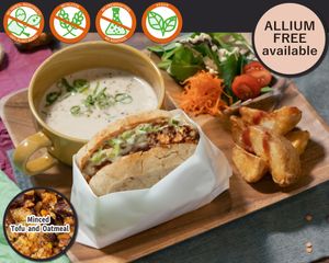 Mexican Chilli Beans Sandwich with own homemade sauces to give you a mexican touch.Packed into homebaked rice bread slices + fresh salad. Mushroom Organic Soy Milk Potage at Vegetiger オヤサイキッチン  TORAYA VEGETIGER SECOND-ROOM in Nagoya