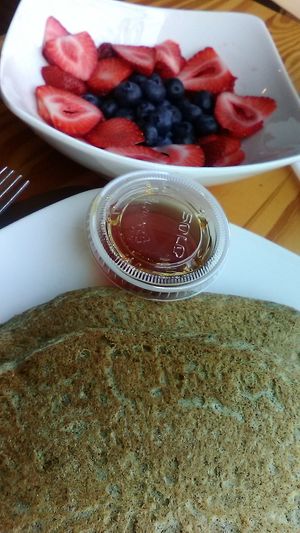 Pancakes, maple syrup, berries. Dolce, June 2021. at Dolce in Kingston