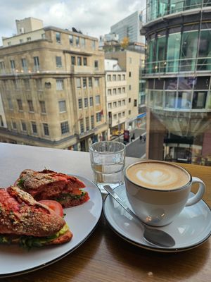 Baguette Guacamole/Tomate & Hafer Cappuccino at Mayersche Café in Dusseldorf