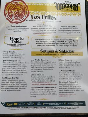 Menu they currently offer at The Unicorn Tavern in Grand Haven