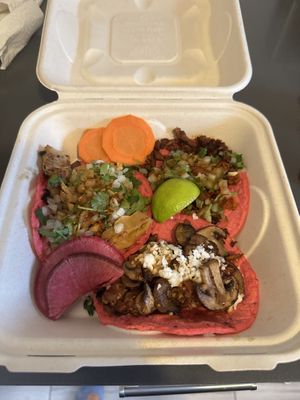 Hongos taco, pollo taco, and soyrizo taco  at Rico Rico Vegano in Oakland