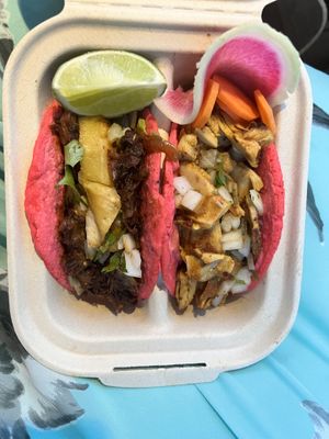 Carne asada and chicken tacos.  at Rico Rico Vegano in Oakland