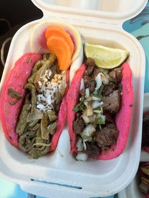 Al pastor and nopales tacos  at Rico Rico Vegano in Oakland