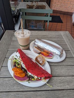Quesadilla De Masa (soyrizo), Carne Asada Burrito and coconut horchata. at Rico Rico Vegano in Oakland