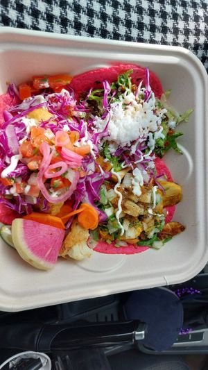 3 tacos- I got mushroom, chorizo and chicken. All good but I think the chorizo was best of those 3. at Rico Rico Vegano in Oakland