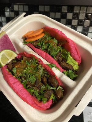 Last Nights Dinner: Buy One, Get One Free To-Go: Vegan Carne Asada Tacos 😛 Salsa Spicy (imo) but worth it! 💗  at Rico Rico Vegano in Oakland