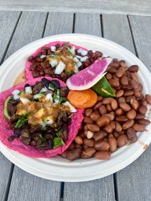 2-taco combo (soyrizo on top and seitan carne asada on the bottom) at Rico Rico Vegano in Oakland