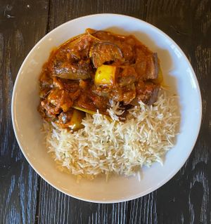 Afghan curry with basmati rice — flavours blew us away.  at Simply Son Braho in Mallorca